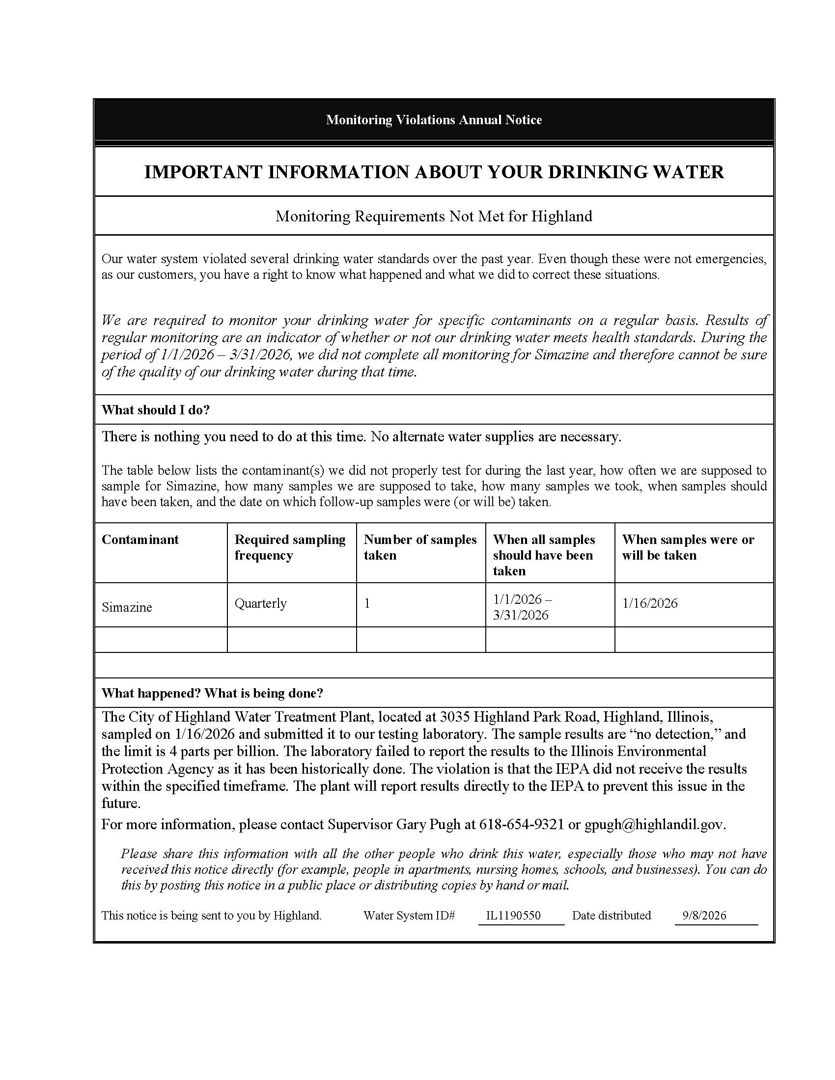 Simazine Monitoring Violations Notice
